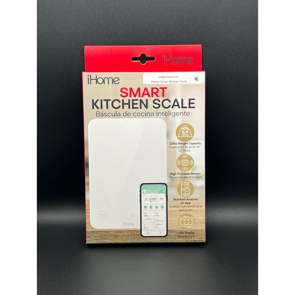 iHome‎ Smart Kitchen Scale White 22lb Capacity Bluetooth App Nutrition Analysis